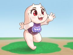 1girl ajin_(ajinhdremix) animal_crossing animal_ears animal_feet arm_up artist_name blue_sky blush body_fur bottomless breasts chibi chibi_only dated day fangs feet female_focus furry furry_female goat_ears goat_girl goat_horns gradient_sky grass happy horns leg_up legs long_sleeves medium_breasts nintendo nose_blush open_mouth outdoors outstretched_arm purple_shirt raglan_sleeves red_eyes shirt shortstack signature skin_fangs sky smile solo standing standing_on_one_leg thick_thighs thighs toriel turtleneck turtleneck_shirt undertale waving white_fur white_horns white_sleeves wide-eyed