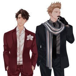 2boys axis_powers_hetalia blonde_hair brown_eyes brown_hair ca_lamari cigarette collared_shirt cowboy_shot gloves green_eyes hair_slicked_back hands_in_pockets highres holding holding_cigarette indonesia_(hetalia) jacket long_sleeves looking_at_viewer male_focus multiple_boys necktie netherlands_(hetalia) scar scar_on_face scar_on_forehead scarf shirt short_hair spiked_hair