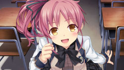 Rule 34 | 1girl, :d, absurdres, arisue haruka, black bow, black bowtie, black ribbon, blush, bow, bowtie, chair, clenched hand, desk, female focus, game cg, hair ribbon, hand up, harem tengoku da to omottara yandere jigoku datta, highres, hiiro yuki, indoors, long hair, looking at viewer, open mouth, pink hair, plaid clothes, plaid skirt, pleated skirt, ponytail, ribbon, school desk, school uniform, skirt, smile, solo, yellow eyes