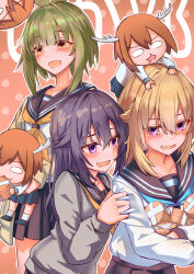 4girls :3 :d absurdres antlers bashame_meme blonde_hair blue_sailor_collar blunt_bangs blush brown_hair chibi deer_cracker deer_girl double-parted_bangs drooling embarrassed fall4592 fang hair_flaps hair_intakes highres horns koshi_anko_(shikanoko) koshi_torako long_hair multiple_girls multiple_persona neckerchief o_o open_mouth pleated_skirt purple_eyes purple_hair sailor_collar school_uniform serafuku shikanoko_noko shikanoko_nokonoko_koshitantan short_hair siblings sisters skin_fang skirt smile