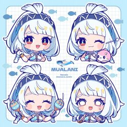 1girl :3 :d ;3 \||/ ^_^ bare_shoulders blue_border blue_hair blue_hairband blunt_bangs blush_stickers border chibi chibi_only closed_eyes closed_mouth commentary_request cropped_torso crying fingerless_gloves genshin_impact gloves grid_background hairband highres holding holding_instrument holding_maracas instrument long_hair looking_at_viewer maracas mualani_(genshin_impact) nada_namie one_eye_closed open_mouth outline outside_border red_eyes smile tears teeth upper_teeth_only white_background white_gloves white_outline