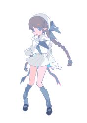 1girl absurdres back_ribbon black_eyes black_shoes blue_bow blue_neckerchief blue_socks bow braid brown_hair chinese_commentary chuanhua commentary_request commission full_body funamusea gloves hair_bow hat hat_bow highres kneehighs long_hair long_sleeves mary_janes miniskirt neckerchief oounabara_to_wadanohara open_mouth pleated_skirt pointy_ears school_uniform serafuku shirt shoes simple_background skirt socks solo tachi-e turtleneck twin_braids wadanohara white_background white_gloves white_hat white_serafuku white_shirt white_skirt