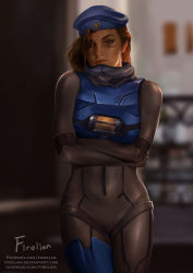 1girl aged_down ana_(overwatch) artist_name beret brown_eyes captain_amari covered_navel cowboy_shot crossed_arms dark-skinned_female dark_skin deviantart_username facial_mark female_focus firolian hat highres lips overwatch overwatch_1 patreon_username realistic skin_tight solo standing window