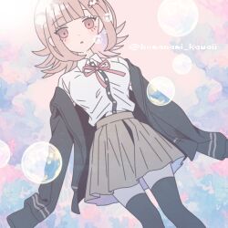 1girl :o black_jacket black_thighhighs breasts brown_hair brown_skirt collared_shirt colorful_background danganronpa_(series) danganronpa_2:_goodbye_despair dress_shirt feet_out_of_frame flipped_hair galaga jacket komanami_kawaii large_breasts looking_at_viewer miniskirt nanami_chiaki neck_ribbon open_clothes open_jacket pink_eyes pink_ribbon ribbon shirt skirt solo spaceship_hair_ornament thighhighs white_shirt zettai_ryouiki