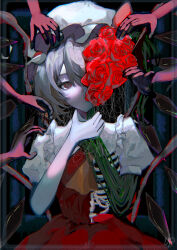 1girl absurdres blonde_hair blood crystal crystal_wings disembodied_hand dress flandre_scarlet flower frills hat hat_ribbon highres looking_at_viewer mob_cap pale_skin red_eyes red_flower red_rose ribbon ribs rose sfnnezl_0u0 short_hair short_sleeves side_ponytail solo thorns touhou upper_body wings