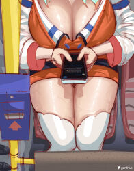 1girl absurdres breast_focus breasts bus_interior cleavage english_text genthus hashtag-only_commentary head_out_of_frame highres hololive hololive_english large_breasts long_sleeves multicolored_hair sitting solo sweat takanashi_kiara thigh_focus thighhighs thighs tweet twitter two-tone_hair typing virtual_youtuber white_thighhighs