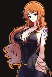 1girl alternate_costume arm_tattoo black_dress breasts chain clothes_lift curvy dress earrings gold_chain groin highleg highres hip_vent jewelry large_breasts long_hair looking_at_viewer meme meme_attire modakawa_dress nami_(one_piece) one_piece open_clothes open_dress orange_eyes orange_hair redpostit shiny_skin sleeveless sleeveless_dress solo tattoo tight_clothes tight_dress very_long_hair wide_hips