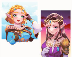 2girls armor blonde_hair blue_sky braid breasts brown_capelet brown_gloves brown_hair capelet chichi_band closed_mouth commentary_request cropped_torso crown_braid day dress dual_persona earrings elbow_gloves fingerless_gloves gloves green_eyes hand_on_own_chest jewelry long_hair looking_at_viewer medium_breasts multiple_girls nintendo open_mouth pointy_ears princess_zelda purple_dress purple_eyes short_hair shoulder_armor sky sleeveless sleeveless_dress smile sunset teeth the_legend_of_zelda the_legend_of_zelda:_tears_of_the_kingdom the_legend_of_zelda:_twilight_princess thick_eyebrows upper_body upper_teeth_only white_gloves