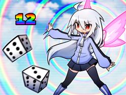100_percent_orange_juice 1girl ahoge black_skirt black_thighhighs blue_hoodie commentary dice english_commentary feet_out_of_frame gameplay_mechanics grey_hair highres hood hoodie long_hair long_sleeves miniskirt piko_(wonderful_d0g) puffy_sleeves red_eyes skirt solo suguri suguri_(orange_juice) thighhighs very_long_hair wings zettai_ryouiki zipper_pull_tab