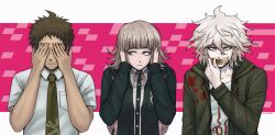 1girl 2boys black_jacket black_shirt brown_hair collared_shirt covering_own_ears covering_own_eyes danganronpa:_trigger_happy_havoc danganronpa_(series) danganronpa_2:_goodbye_despair dress_shirt gag green_jacket green_necktie grey_hair hair_ornament highres hinata_hajime improvised_gag jacket komaeda_nagito lily_(miruna027) long_sleeves looking_at_viewer messy_hair multiple_boys nanami_chiaki necktie pink_background pink_ribbon print_shirt ribbon shirt spaceship_hair_ornament tape tape_gag three_monkeys two-tone_shirt upper_body white_background white_shirt