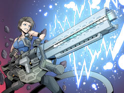 1girl black_gloves blue_electricity blue_eyes blue_shirt brown_hair cannon electricity energy ferromagnetic_infantry-use_next_generation_railgun fingerless_gloves gloves highres jewelry jill_valentine magnetic_weapon necklace pechamaju railgun resident_evil resident_evil_3:_nemesis resident_evil_3_(remake) shirt short_hair sweatdrop