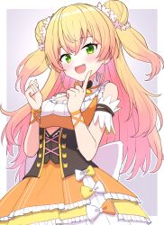 1girl animal_print arm_garter bear_print blonde_hair blush bodice border bow bowtie breasts cleavage cleavage_cutout clenched_hand clothing_cutout commentary_request double_bun fang flower frilled_shirt frills gradient_hair green_eyes grey_background hair_bun hair_flower hair_ornament highres hololive index_finger_raised kaie long_hair looking_at_viewer momosuzu_nene momosuzu_nene_(1st_costume) multicolored_bow multicolored_bowtie multicolored_hair multicolored_skirt nail_polish open_mouth orange_nails orange_shirt orange_skirt outside_border pink_flower pink_hair shirt simple_background skirt skirt_set smile solo teeth two_side_up underbust upper_teeth_only virtual_youtuber white_border yellow_skirt