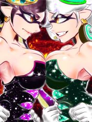 Rule 34 | 2girls, angry, bare shoulders, breast press, breasts, callie (splatoon), cleavage, cousins, earrings, from side, gloves, jewelry, large breasts, lips, long hair, marie (splatoon), mazuo917, multiple girls, nintendo, pointy ears, short hair, sleeveless, splatoon (series), tentacle hair, twintails, upper body