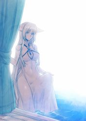 Rule 34 | 1girl, animal ears, backlighting, bare arms, bare shoulders, blue eyes, breasts, cleavage, curtains, dress, female focus, fox ears, jewelry, konshin, necklace, orie mishiro, original, pendant, see-through clothes, solo, water, wet, wet clothes, wet dress, white dress, white hair