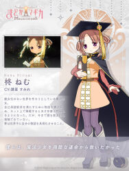 1girl 2024 artist_request ball_and_chain_restraint belt black_hat book boots braid brown_belt brown_hair character_name closed_mouth commentary_request copyright_name copyright_notice detached_sleeves dot_nose dress full_body game_screenshot_inset grey_background grey_boots hair_rings happy hat hat_tassel highres hiiragi_nemu holding holding_book knee_boots knees light_blush light_particles logo long_hair long_sleeves looking_at_viewer magia_record:_mahou_shoujo_madoka_magica_gaiden magical_girl mahou_shoujo_madoka_magica mahou_shoujo_madoka_magica_magia_exedra mortarboard official_art orange_dress pantyhose parted_bangs purple_eyes purple_pantyhose red_ribbon red_sleeves ribbon second-party_source shadow sleeves_past_wrists smile standing strapless strapless_dress tareme translation_request twin_braids waist_ribbon