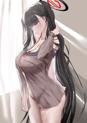 1girl absurdres alternate_costume alternate_hairstyle black_hair blue_archive blush breasts brown_nightgown cleavage closed_mouth fue_(rhomphair) halo highres holding holding_own_hair large_breasts long_hair no_panties ponytail red_eyes red_halo rio_(blue_archive) sidelocks solo