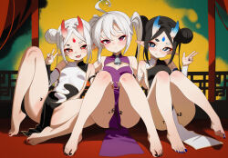 Rule 34 | 3girls, :3, absurdres, ahoge, barefoot, bell, black hair, black nails, blue eyes, blue nails, breasts, china dress, chinese clothes, chinese commentary, closed mouth, covered navel, cowbell, dress, fangs, hair bun, highres, horns, knees up, looking at viewer, mesugaki, mismatched eyebrows, momobug22, multiple girls, nail polish, open mouth, original, pelvic curtain, purple dress, purple eyes, red eyes, red nails, single side bun, sitting, small breasts, thick eyebrows, toenail polish, toenails, toes, twintails, v, white hair