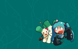 Rule 34 | 1girl, acorn, black boots, black skirt, black sleeves, blue background, blue hair, blue necktie, blush, boots, chibi, chibi only, collared shirt, commentary request, detached sleeves, full body, grey shirt, hatsune miku, highres, kazuiyun, long hair, long sleeves, necktie, o o, open mouth, shirt, skirt, sleeveless, sleeveless shirt, sleeves past fingers, sleeves past wrists, solo, spring onion, thigh boots, tripping, twintails, very long hair, vocaloid