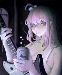 1girl armpit_crease beer_can bocchi_the_rock! bra breasts can cigarette cleavage closed_mouth commentary_request cube_hair_ornament drink_can gotoh_hitori guitar hair_between_eyes hair_ornament holding holding_can holding_guitar holding_instrument instrument large_breasts long_hair miaw907 one_side_up pink_hair smile smoking solo twitter_username underwear white_bra