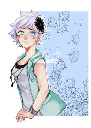 1girl aqua_eyes aqua_jacket artist_name black_flower bracelet brooch closed_mouth eyelashes flower h0und hair_flower hair_ornament highres jacket jewelry kyokugen_dasshutsu kyokugen_dasshutsu_adv:_zennin_shibou_desu necklace open_clothes open_jacket outline phi_(kyokugen_dasshutsu) shirt short_hair sleeveless sleeveless_jacket sleeveless_shirt smile solo transparent_background very_short_hair watermark white_hair white_outline white_shirt