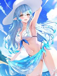 1girl beach bikini breasts cowboy_shot elf hat highres hololive large_breasts minoriminoru0 ocean partially_submerged pointy_ears sand solo swimsuit virtual_youtuber water white_bikini white_hat yellow_eyes yukihana_lamy