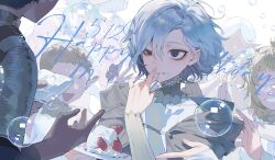 Rule 34 | 3boys, 4girls, :q, absurdres, bags under eyes, black eyes, black hair, blonde hair, bubble, cake, cithis, cloak, curly hair, dark-skinned male, dark skin, dated, dungeon meshi, earrings, elf, fleki, food, food on face, food on hand, fork, gorget, grey hair, handkerchief, happy birthday, highres, holding, holding food, holding fork, holding handkerchief, holding plate, hood, hooded cloak, jewelry, kabru, lazy eye, licking lips, long hair, long sleeves, lycion, male focus, maratang, mithrun, multiple boys, multiple earrings, multiple girls, notched ear, open mouth, otta (dungeon meshi), out of frame, pattadol, plate, pointy ears, shirt, short hair, smile, strawberry shortcake, tongue, tongue out, uneven eyes