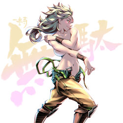 1girl absurdres artist_request bare_shoulders belt blonde_hair boots bracer breasts commentary_request covering_privates dio_brando fang genderswap genderswap_(mtf) highres jojo_no_kimyou_na_bouken large_breasts long_hair navel red_eyes scar scar_on_neck smile topless_female translation_request