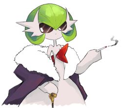 arbok cane cigarette cloak colored_skin dmt_(auburn) dress fur-trimmed_cloak fur_trim gardevoir gen_1_pokemon gen_3_pokemon mega_gardevoir mega_pokemon nintendo pokemon pokemon_(creature) simple_background strapless strapless_dress sunglasses white_background white_skin