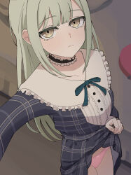 1girl bang_dream! bang_dream!_it&#039;s_mygo!!!!! black_choker blue_dress chinese_commentary choker closed_mouth commentary_request dress frilled_choker frills green_hair highres lifting_own_clothes long_hair looking_at_viewer mortis_(bang_dream!) mortis_(persona)_(bang_dream!) panties pink_panties plaid_clothes plaid_dress selfie sidelocks solo tatama underwear wakaba_mutsumi yellow_eyes