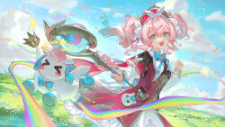 1girl absurdres air_bubble aqua_bow aqua_bowtie aqua_hair blue_sky bow bowtie bubble capelet cloud cloudy_sky dress drill_hair floating_hair gradient_hair gugu_(mirukai) highres holding honkai:_star_rail honkai_(series) hyacine_(honkai:_star_rail) little_ica_(honkai:_star_rail) long_sleeves looking_at_viewer medium_hair multicolored_hair open_mouth outdoors sky smile twintails