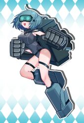 1girl absurdres armor blindfold blue_hair breasts game_cg highres ice ice_wings kawashiro_nitori large_breasts non-web_source open_mouth petite school_swimsuit simple_background solo standing sweatdrop swimsuit takki_(takkiko) thigh_strap touhou touhou_hero_of_ice_fairy wings