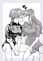 2girls braid china_dress chinese_clothes double_bun dress hair_bun heart highres kiss monochrome multiple_girls ranma-chan ranma_1/2 saotome_ranma shampoo_(ranma_1/2) sidelocks single_braid sitting