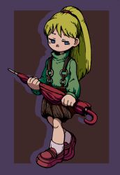 1girl blonde_hair blue_eyes border brown_skirt chomahu closed_umbrella drop_shadow full_body green_sweater holding holding_umbrella long_hair long_sleeves poniko ponytail purple_border skirt socks solo suspender_skirt suspenders sweater umbrella white_socks yume_nikki