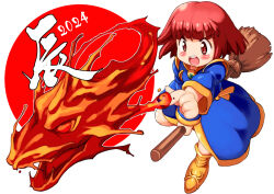 angry attack blue_robe blush bob_cut broom broom_riding chinese_zodiac cotton_(character) cotton_(game) dragon fire holding holding_broom looking_down magic red_eyes red_hair robe shoes short_hair simple_background teeth tongue white_background witch year_of_the_dragon yu_3