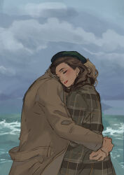 1boy 1girl ambulance00 beret blonde_hair blush brown_coat brown_hair captain_america_(series) closed_eyes cloud cloudy_sky coat day earrings green_hat hat hetero highres hug jewelry long_sleeves marvel marvel_cinematic_universe ocean outdoors peggy_carter plaid_clothes plaid_coat red_lips short_hair sky steve_rogers teeth upper_body waves