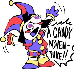 1girl :d absurdres arms_up empty_eyes english_text full_body galactabee gloves hat highres jester jester_cap multicolored_eyes open_mouth pomni_(the_amazing_digital_circus) short_hair smile smiling_friends the_amazing_digital_circus toon_(style) white_background