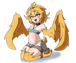 Rule 34 | alternate species, bird tail, blonde hair, blue eyes, blush, breasts, claws, collarbone, crop top, dokibird, fang, feathered wings, full body, harpy, head wings, indie virtual youtuber, itsjustfrel, kneeling, looking at viewer, monster girl, navel, open mouth, short hair, shorts, simple background, sitting, small breasts, smile, tail, wariza, white background, winged arms, wings, yellow wings