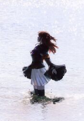 1girl armband ashashio black_jacket black_thighhighs bow bowtie collared_shirt hair_bobbles hair_ornament highres jacket long_sleeves looking_back pleated_skirt puffy_long_sleeves puffy_sleeves purple_bow purple_bowtie red_hair shirt skirt solo thighhighs two_side_up umineko_no_naku_koro_ni ushiromiya_ange water white_shirt white_skirt