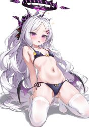 1girl absurdres alternate_costume bare_shoulders bikini black_bikini blue_archive blush breasts collarbone demon_girl demon_horns demon_wings full_body hair_ornament halo highres hina_(blue_archive) horns kneeling long_hair looking_at_viewer low_wings navel nekoya_minamo open_mouth purple_eyes ribbon simple_background sitting small_breasts smile solo stomach swimsuit thighhighs thighs tongue tongue_out very_long_hair white_background white_hair wings