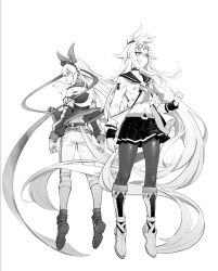 2girls absurdres animal_ears armband back-to-back back_peek belt boots brooch capri_pants chinese_commentary clenched_hand closed_mouth clothing_cutout commentary_request ear_covers ear_ornament floating frown greyscale hair_ornament hairband highres horse_ears horse_girl horse_tail jacket jewelry long_hair long_sleeves loose_belt miniskirt monochrome multiple_girls navel neckerchief oguri_cap_(umamusume) pants pantyhose pifu pleated_skirt sailor_collar shirt skirt standing star_brooch stomach_cutout tail tamamo_cross_(umamusume) umamusume umamusume:_cinderella_gray very_long_hair