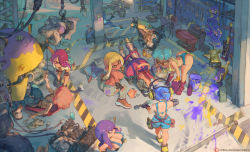 6+girls ass back bare_shoulders blue_eyes blue_hair breasts cleavage cutesexyrobutts cutoffs dark-skinned_female dark_skin garage grey_pants gun handprint headphones highres inkling inkling_player_character large_breasts light_blue_hair long_hair micro_shorts multiple_girls nintendo octoling orange_hair overall_shorts overalls paint pants ponytail purple_eyes purple_hair red_hair short_hair shorts sideboob sidelocks splat_charger_(splatoon) splatoon_(series) tank_top tentacle_hair weapon wrench yellow_eyes yellow_tank_top