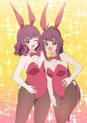 Rule 34 | 2girls, absurdres, animal ears, blush, bow, bowtie, breasts, brown eyes, brown pantyhose, cleavage, fake animal ears, fake tail, hand on own hip, highres, leotard, long hair, looking at viewer, medium breasts, multiple girls, okaasan (okaasandx), one eye closed, open mouth, pantyhose, playboy bunny, ponytail, purple hair, rabbit ears, rabbit tail, red bow, red bowtie, red leotard, short hair, simple background, small breasts, smile, sparkle background, sugiura ayano, sugiura ayano&#039;s mother, tail, wink, yuru yuri