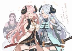 1boy 2girls :d ^_^ asymmetrical_gloves beard belt belt_buckle black_gloves black_horns black_shirt blue_coat blue_hair blush braid breasts brown_belt buckle character_request closed_eyes coat commentary_request cowboy_shot crown_braid curled_horns draph dual_persona elbow_gloves eyelashes eyepatch facial_hair fingerless_gloves gloves granblue_fantasy grey_gloves grey_shirt hair_ornament hair_over_one_eye hand_up holding holding_sword holding_weapon horns katana kingyo_114 large_breasts long_hair multiple_girls mustache narmaya_(granblue_fantasy) notice_lines one_eye_covered open_mouth parted_bangs pink_hair pointy_ears red_hair sheath sheathed shirt side_braid sidelocks simple_background sleeveless sleeveless_coat sleeveless_shirt smile standing swept_bangs sword teeth thigh_strap translation_request uneven_gloves upper_teeth_only very_long_hair weapon white_background white_belt white_coat