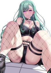 1girl ass asymmetrical_legwear bare_shoulders bead_necklace beads black_choker black_shirt black_shoes black_shorts blush breasts bustier cameltoe choker commentary_request crop_top ear_piercing earrings fishnet_pantyhose fishnet_thighhighs fishnets green_hair hair_behind_ear highres jewelry lace lace-trimmed_thighhighs lace_trim legs long_hair looking_at_viewer m_legs medium_breasts mismatched_legwear mole mole_on_breast navel necklace nose_blush o-ring o-ring_choker on_floor pantyhose piercing platform_shoes purple_eyes shirt shoes short_shorts shorts single_earring single_leg_pantyhose sitting smile solo spread_legs swept_bangs thigh_strap thighhighs thighs tomotomo_(awai) very_long_hair virtual_youtuber vspo! white_background yakumo_beni yakumo_beni_(1st_costume) zipper zipper_pull_tab