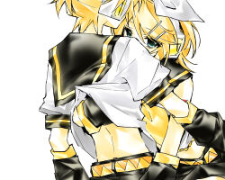 1boy 1girl aqua_eyes back black_sailor_collar black_sleeves blonde_hair detached_sleeves highres hynn0x_x incest kagamine_len kagamine_rin midriff sailor_collar shirt simple_background upper_body vocaloid white_background white_shirt