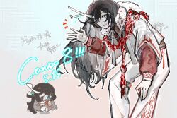 1boy :d antlers bent_over black_eyes black_hair blue_eyes chibi chibi_inset chinese_clothes chinese_text cloak dragon eastern_dragon english_text fur_collar grid_background hair_ornament hand_on_own_knee hanfu heterochromia highres hong_lu_(project_moon) horns kalliope_orc limbus_company long_hair looking_at_viewer multiple_views open_mouth outstretched_arms project_moon red_hanfu red_petals red_sash sash smile solo tears_of_the_tarnished_blood_(e.g.o) very_long_hair waving white_cloak x_hair_ornament