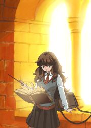 animated animated_gif animification arch bag black_skirt book breasts brown_eyes brown_hair column commentary english_commentary floating floating_book floating_object grey_vest harry_potter_(series) hermione_granger highres hogwarts_school_uniform holding holding_wand ink_(medium) long_hair looking_down making-of_available medium_breasts mixed_media painting_(medium) pillar rikeza school_uniform skirt smile traditional_media vest wand wizarding_world