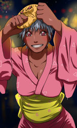 1girl bad_id bad_pixiv_id blush breasts capcom cleavage dark-skinned_female dark_skin elena_(street_fighter) female_focus festival grin japanese_clothes kimono large_breasts maaru mask obi pink_kimono red_eyes sash short_hair smile solo street_fighter street_fighter_iii_(series) white_hair yukata