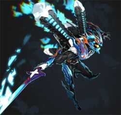 1boy absurdres antennae armor black_bodysuit blue_armor blue_fire bodysuit bug clenched_hands commentary fire flame_print gloves glowing glowing_eyes goggles goggles_on_head gotcha_driver gotchardcalibur grasshopper highres holding holding_sword holding_weapon insect kamen_rider kamen_rider_fire_gotchard kamen_rider_gotchard kamen_rider_gotchard_(series) landing linnnoj orange_eyes rider_belt superhero_landing sword thrusters tokusatsu weapon white_gloves