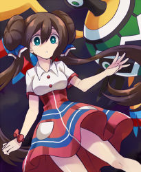 1girl bow breasts bright_pupils brown_hair buttons commentary_request creatures_(company) double_bun floating_hair game_freak gen_5_pokemon green_eyes hair_between_eyes hair_bun hair_ribbon high-waist_skirt irouha knees long_hair nintendo pantyhose parted_lips pokemon pokemon_(creature) pokemon_bw2 pokestar_studios red_bow red_skirt ribbon rosa_(pokemon) shirt short_sleeves sigilyph skirt twintails white_pupils white_shirt wrist_bow